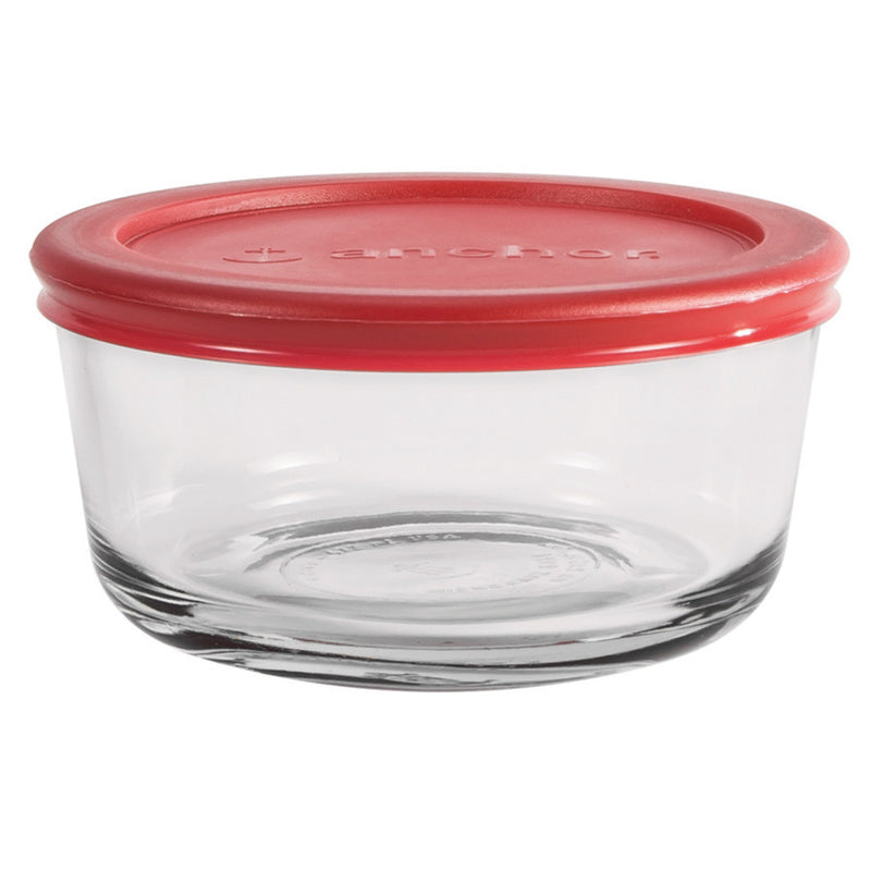 Anchor Hocking Classic Glass Food Storage Container with Lid, Red, 2 Cup