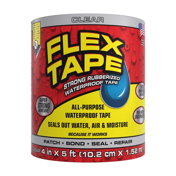 Flex Tape, Original Thick Flexible Rubberized Waterproof Tape - Seal and Patch Leaks, Works Underwater, Indoor Outdoor - Home RV Roof Plumbing and Pool Repairs, Clear, 4 in x 5 ft, Pack of 1 TFSCLRR0405