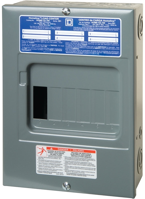 Square D by Schneider Electric Square D - HOM612L100SCP Homeline Load Center with Cover, 100-Amp Fixed Main Lugs, 1-Phase, 6-Space, 12-Circuit, Indoor