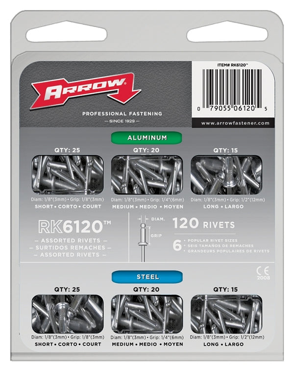 Arrow RK6120 Pop Rivet Assortment Kit for Metal, Fabric, Leather, and Auto Repair, Aluminum and Steel, 1/8-Inch, 120-Pack