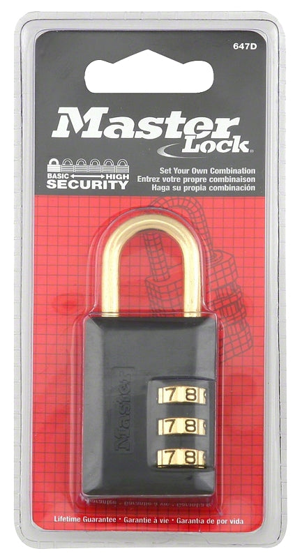 Master Lock Black Combination Padlock, Indoor Gym Locker Lock with Customizable 3-digit Code for Luggage, Backpacks, Cabinets, 647D