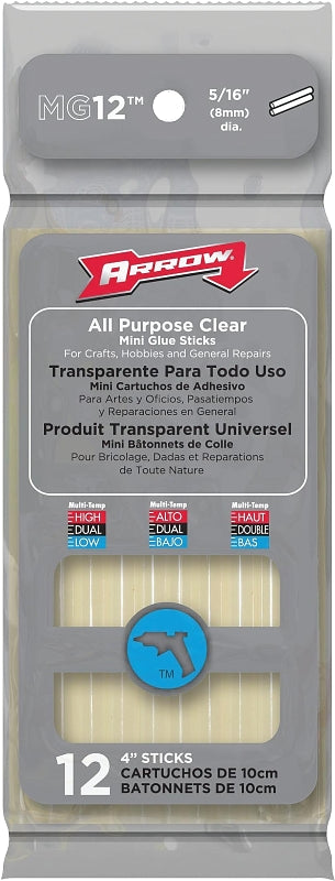 Arrow MG12 All Purpose Mini Glue Sticks for Hot Glue Guns, Use for High Temp and Low Temp Crafting, Hobbies, and General Repair Projects, 4-Inch by 5/16-Inch, Clear, 12-Pack
