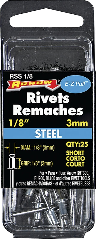 Arrow Fastener RSS1/8 Short Steel 1/8-Inch Pop Rivets for Metal, Fabric, Leather, and Auto Repair, 25-Pack, 1/8 Inch, 25