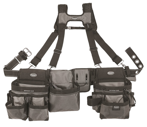Bucket Boss Mullet Buster 3 Bag Tool Belt with Suspenders in Grey, 55135, Black, full size