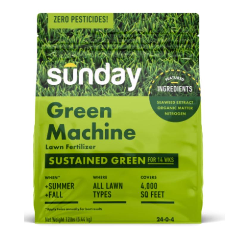 Sunday Green Machine Granular Lawn Fertilizer - 30-0-5 Mix for Up to 120 Days of Growth - Enriched with Potassium & Organic Matter for Soil Health & Extended Feeding - 12lbs - Covers Up to 4,000 Sq Ft