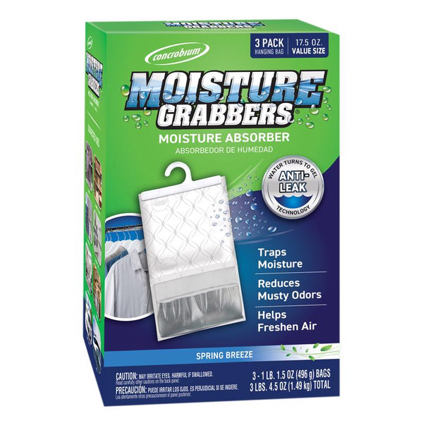 Concrobium 378488 Moisture Grabbers, 3-Pack 17.5 oz Spring Breeze Pouches, Anti-Leak Gel Technology, Covers Up to 350 cu ft.