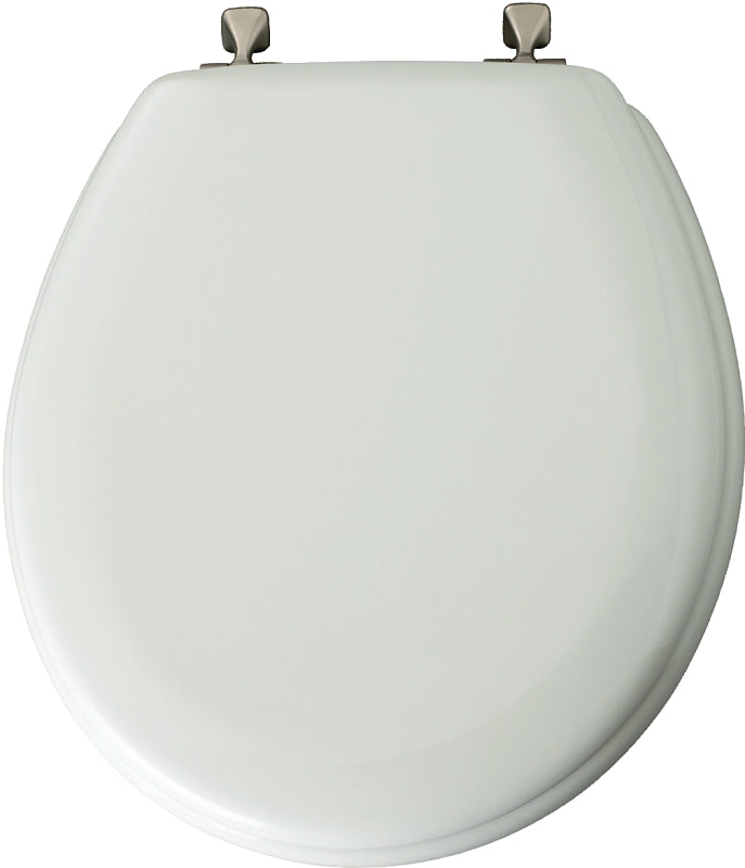MAYFAIR 844BN 000 Toilet Seat with Brushed Nickel Hinges will Never Come Loose, ROUND , White