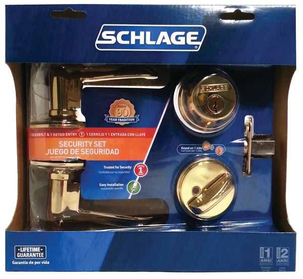 Schlage FB50NVFLA505 Knob Lockset, Mechanical Lock, Lever Handle, Flair Lever, Bright Brass, 1 Grade, Metal