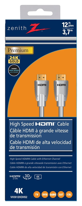 Zenith VH3012HDHS2 24K High Speed HDMI Cable with Ethernet, 12-feet, Black