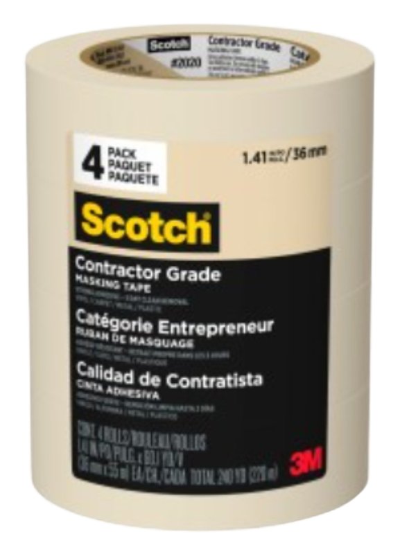 Scotch Contractor Grade Masking Tape, Tan, Tape for General Use, Multi-Surface Adhesive Tape, 1.41 Inches x 60.1 Yards, 4 Rolls 2020-36EP4