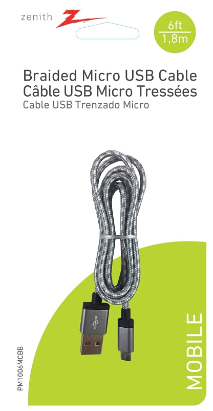 Zenith PM1006MCBB Braided Micro-B to USB A Cable, 6-feet, Black