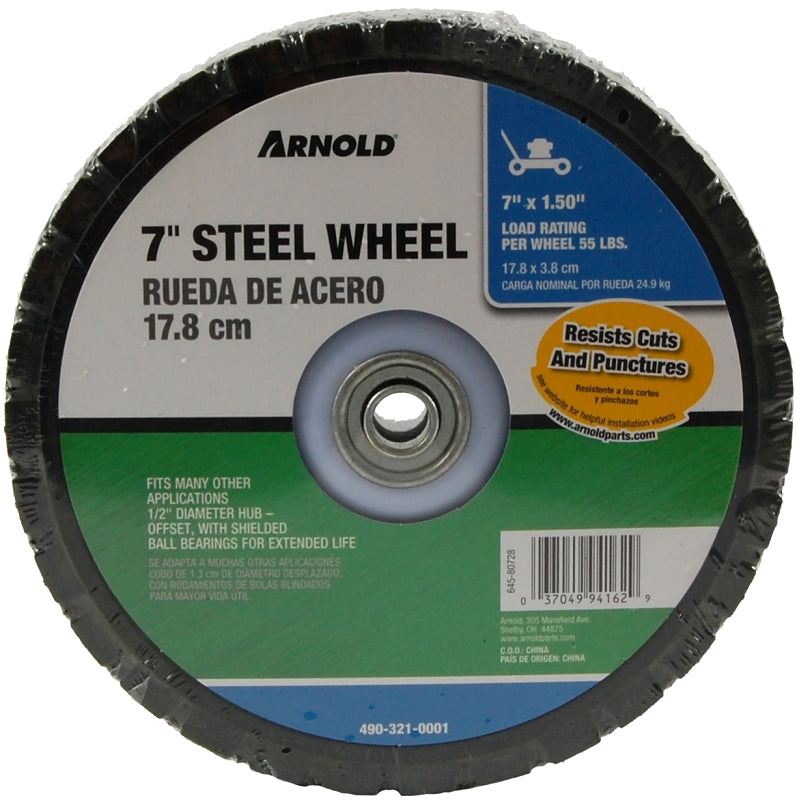 Arnold 7" Universal Replacement Steel Wheel with 55 lb. Load Rating, Black