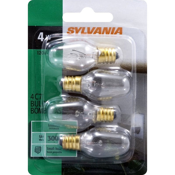 Ledvance SYLVANIA Incandescent Light Bulb, C7, 4W, Candelabra Base, 15 Lumens, 2850K, Non-Dimmable, Clear, Soft White - 4 Pack (13549)