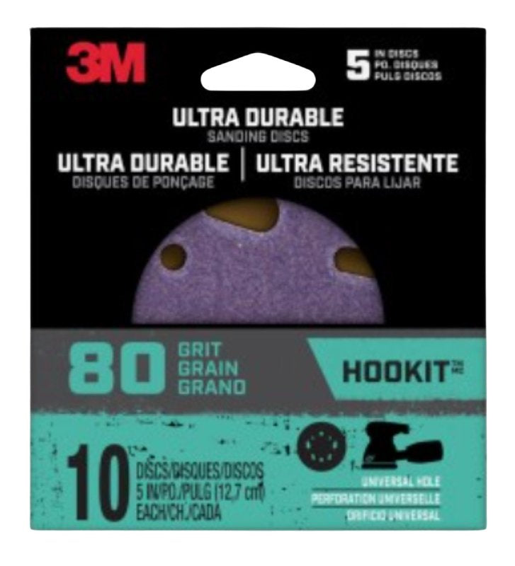 3M Ultra Durable 5 inch Power Sanding Discs, Universal Hole, 80 Grit, 10/Pack 27314