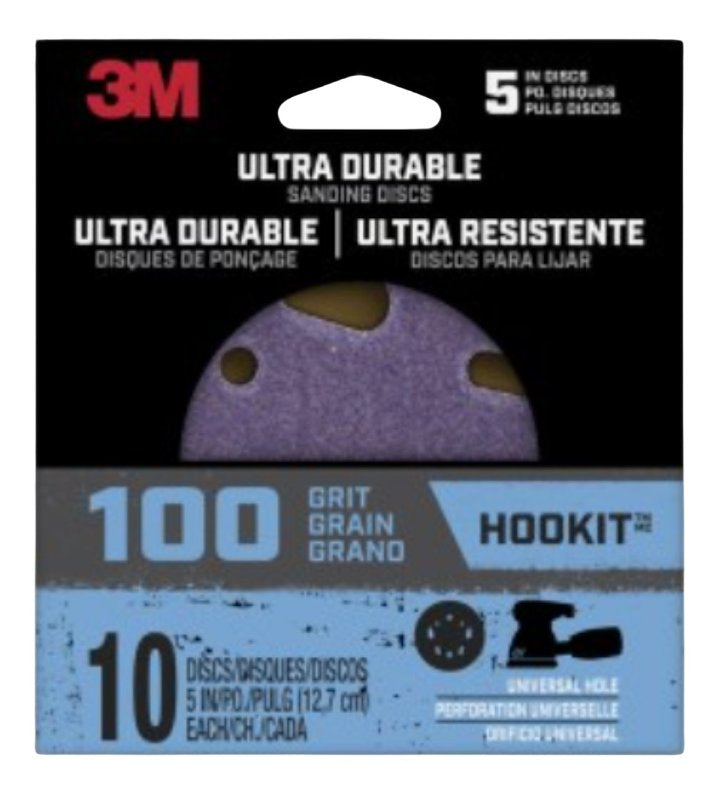 3M DISC5IN10PK100 Ultra Durable 5 inch Power Sanding Discs, Universal Hole, 100 Grit, 10/Pack 27309