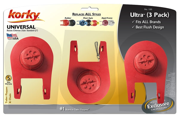 Korky 100 Ultra High Performance Universal 2'' Flapper, 3 PACK 100TP