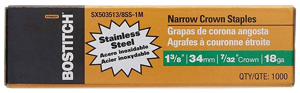 Bostitch Sx503513/8ss-1m 1-3/8"leg 18-gauge 7/32" Narrow Crown Stainless Steel Staples(1000)