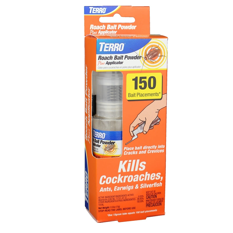 TERRO Roach Bait Powder Plus Applicator - Bait and Kill Cockroaches, Ants, Earwigs, Silverfish - 150 Placements per Tube - Easy, Precise Placement - T530, 0.53 oz Tube