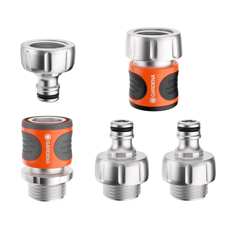 GARDENA (39042-BK) 5-Piece Premium Metal Quick Connect Hose Fittings: Hose Quick Connect Kit for 5/8 Inch or 1/2 Inch Hose - Quickly Connect Garden Hoses, Sprinklers, Spray Nozzles, and Accessories.