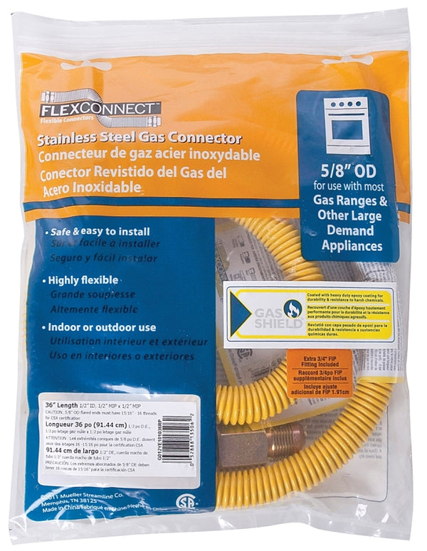 B&K G012YE101036RP Gas Connector, 1/2", MIP x FIP, 36" L, 1/2 psi, -40 to 150 deg F, Epoxy Coated, Yellow