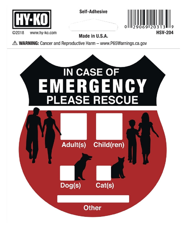 HY-KO Products HSV-204 EMERGNCY Rescue Self Adhesive Vinyl Graphic 9 in x 4 in Silver/Red/Black