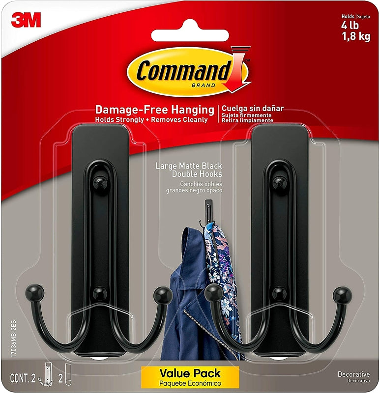 Command Large Matte Black Double Hooks, 2 Hooks and 2 Strips, Damage Free Hanging Wall Hooks with Adhesive Strips, No Tools Coat Hooks for Hanging Home Decor, Holds up to 4 lb 17036MB-2ES