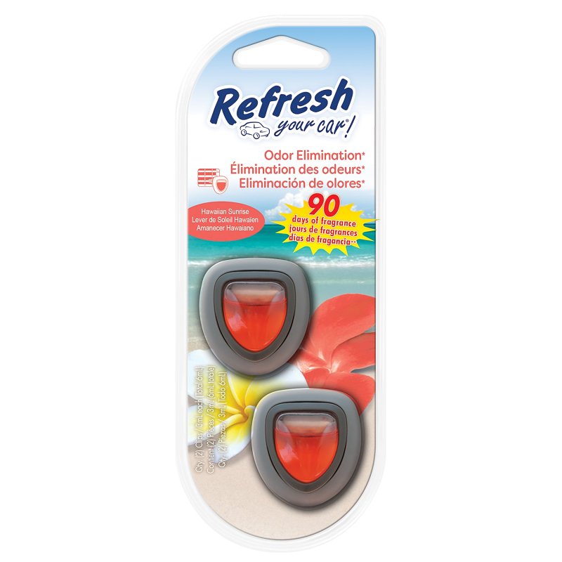 Refresh Your Car Air Freshener, Odor Eliminator, Set of 2 Mini Car Oil Diffusers, Hawaiin Sunrise Scent, Refresh Your Car