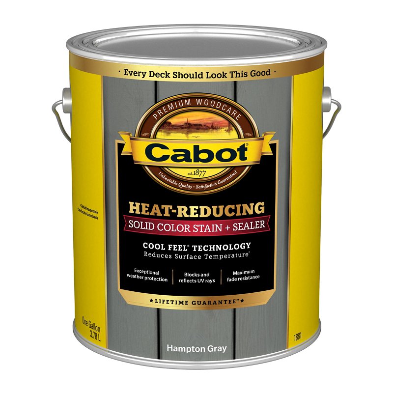 Cabot Heat-Reducing Solid Color Stain + Sealer with Cool Feel Technology - 1 Gallon - Protection for New and Reconditioned Wood Decks, Porches, Outdoor Furniture, Steps, Railings (Hampton Gray) 140.0001881.007