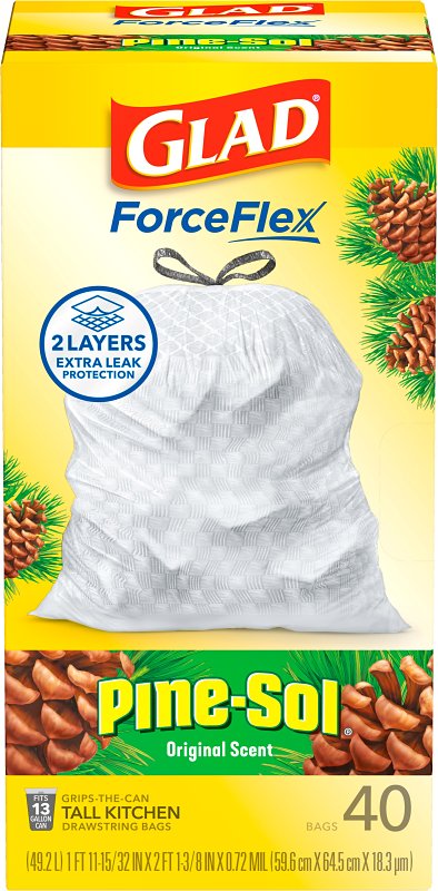 Glad ForceFlex Tall Kitchen Trash Bags, 13 Gallon, Pine-Sol Original, 40 Count (Package May Vary) 22372