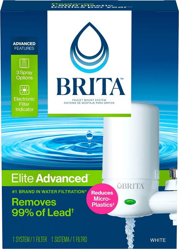 Brita Tap Water Filter System, Water Faucet Filtration System with Filter Change Reminder, Reduces Lead, BPA Free, Fits Standard Faucets Only - Complete, White 42201