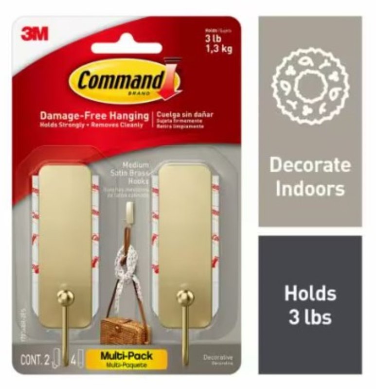 3M 118826 Satin Brass Hooks with 2 Hooks & 4 Strips - Medium - 2 Piece - Case of 4 17034BR-2ES