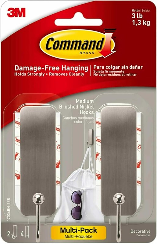 Command Medium Decorative Wall Hooks, Damage Free Hanging Wall Hooks with Adhesive Strips, No Tools Wall Hooks for Hanging Decorations in Living Spaces, 2 Brushed Nickel Hooks and 4 Command Strips