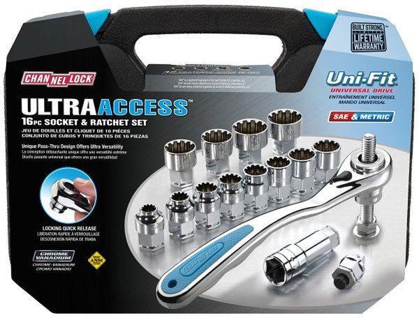 Channellock Ultra Access Socket Set 39100 - Pass-Thru Ratchet, Chrome/Nickel - 16 Piece UNIFIT
