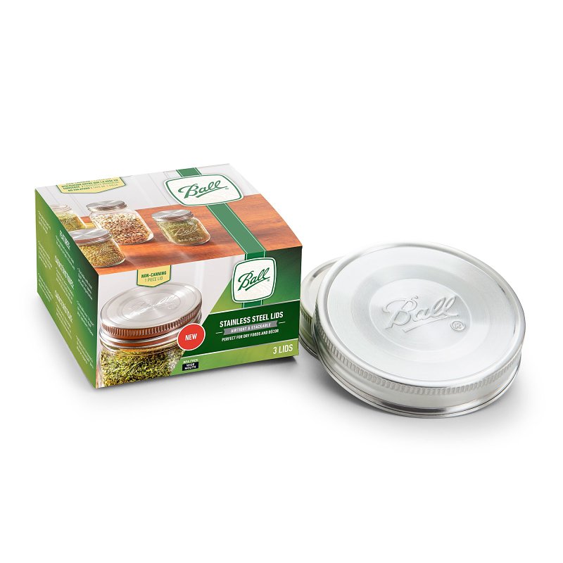 Ball Reusable Mason Jar Lids, Stainless Steel Storage Lids with Silicone Gaskets for an Airtight Seal, Wide Mouth, One Pack of 3, Silver 2176673