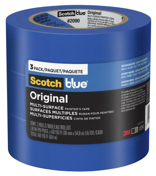 ScotchBlue Original Multi-Surface Painters Tape, 1.5 Inch Wide (1.41 In. x 60 Yds) 3 Rolls, Blue Paint Tape Protects Surfaces and Removes Easily, Masking Tape for Indoor and Outdoor Use (2090-36AP3)
