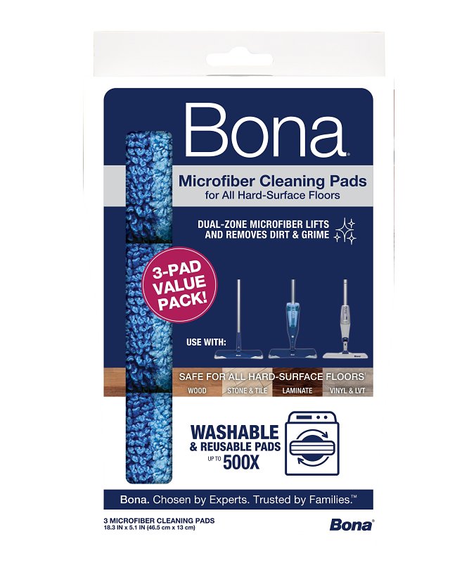 Bona 1017667 5.12 x 18.31 in. Cleaning Microfiber Mop Pad Blue - Pack of 3