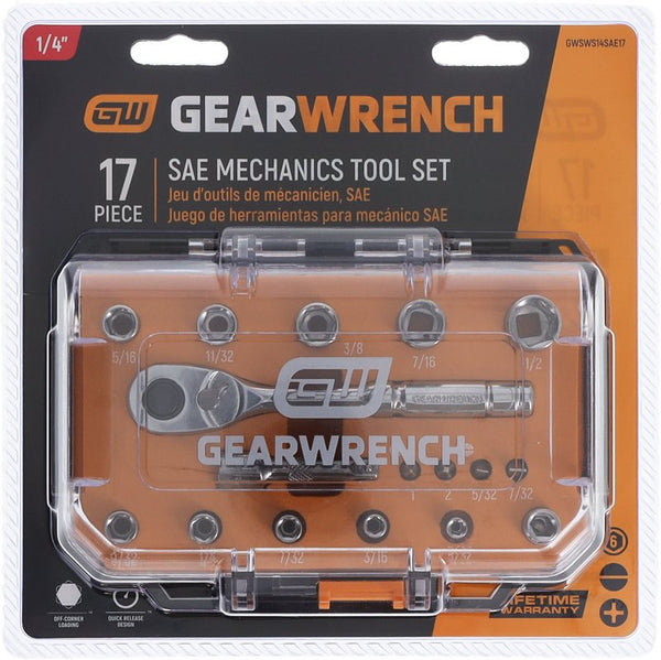GEARWRENCH 17 Piece Mechanics Tool Set SAE, 1/4 in. Drive, 72-Tooth, 6-Point | GWSWS14SAE17