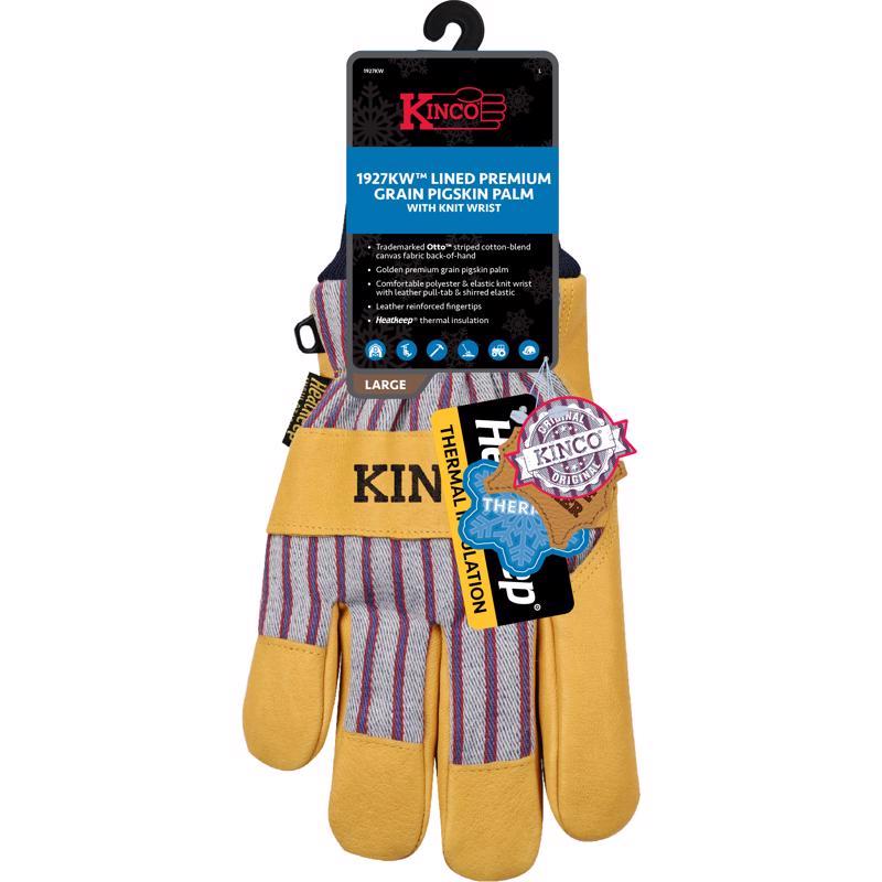 Kinco - Lined Premium Pigskin Leather Work and Ski Gloves, Heatkeep Thermal Insulation, Otto Striped Canvas, Fitted Knit Wrist, (Style No. 1927KW)