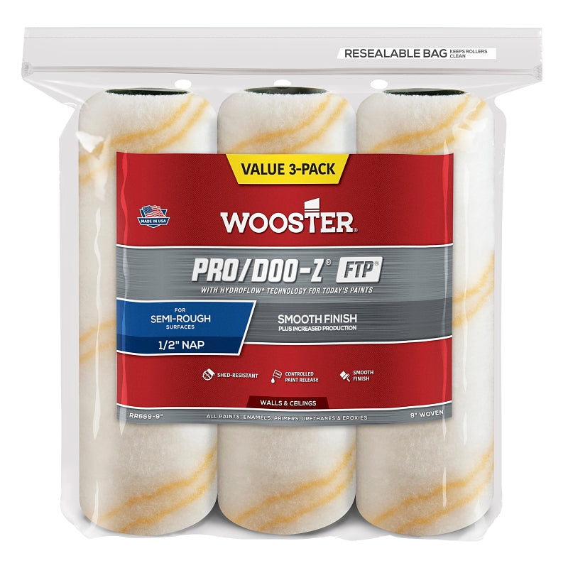 The Wooster Brush Company RR669-9 Pro Doo Z FTP Roller Cover 1/2-Inch Nap, 3-Pack