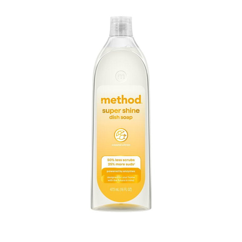 Method Super Shine Liquid Dish Soap, Powered by Enzymes, Coastal Citron Scented, 16 fl oz