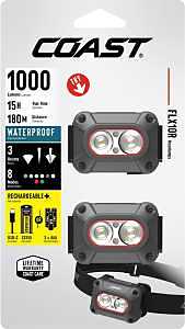 Coast FLX10R 1000 Lumen Waterproof USB-C Rechargeable LED Headlamp, Red & Green Light Modes, Flood & Spot, 2-Pack