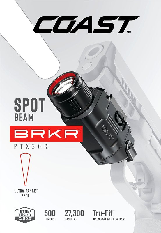 Coast PTX30R 500 Lumen USB-C Rechargeable LED Tactical Weapon Light with Tool-Free Universal/Picatinny Mounting System, and Spot Beam - IP54 Rating