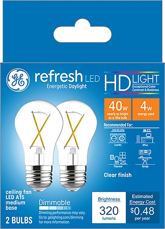 GE Refresh LED Light Bulbs, 40 Watt, Daylight, A15 Ceiling Fan Bulbs, Clear Finish (2 Pack) 31339
