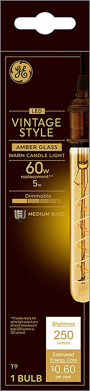 GE Lighting Vintage Style LED Tube Light Bulb, 5 Watts (60 Watt Equivalent) Warm Candle Light, Amber Glass, Medium Base, Dimmable (1 Pack) 36513