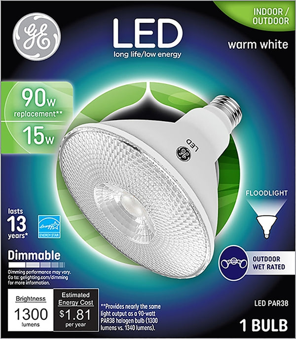 GE Lighting 93130310 LED Floodlight Bulb, Medium Base, Bright White, Clear, 15 Watt - Quantity 3 (3-Pack)