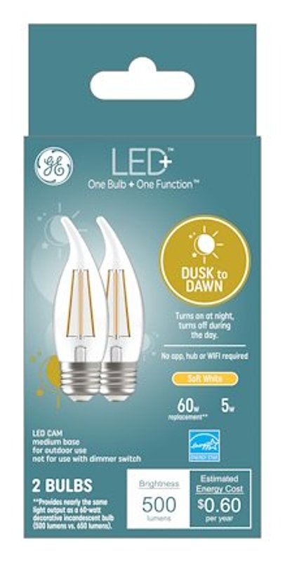 GE LED+ CA11 Dusk to Dawn LED Light Bulbs, Automatic On/Off Outdoor Security Lights, Soft White, E26 Medium Base (2 Pack)