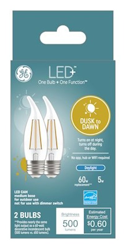 GE LED+ CA11 Dusk to Dawn LED Light Bulbs, Automatic On/Off Outdoor Security Lights, Daylight, E26 Medium Base, 2 Count (Pack of 1) 93131714