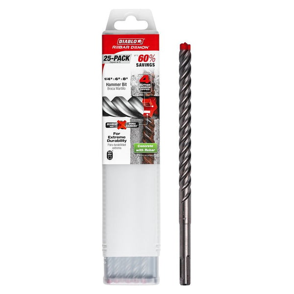 Freud-Diablo 1/2 in. x 6 in. x 8 in. Rebar Demon SDS-Plus 4-Cutter Full Carbide Head Hammer Drill Bit (25-Pack) DMAPL4185-P25
