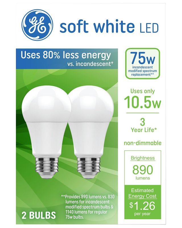 GE LED Light Bulbs, A19 General Purpose Bulbs, 75 Watt Replacement, Soft White (2 Pack)