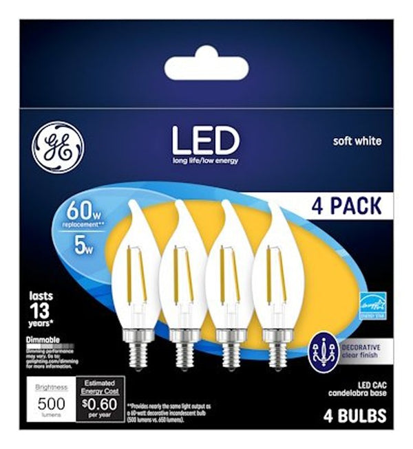 GE Lighting 93129333 Decorative LED Light Bulbs, Soft White, CAC, Clear, Dimmable, 500 Lumens, 5-Watts, 4-P - Quantity 1
